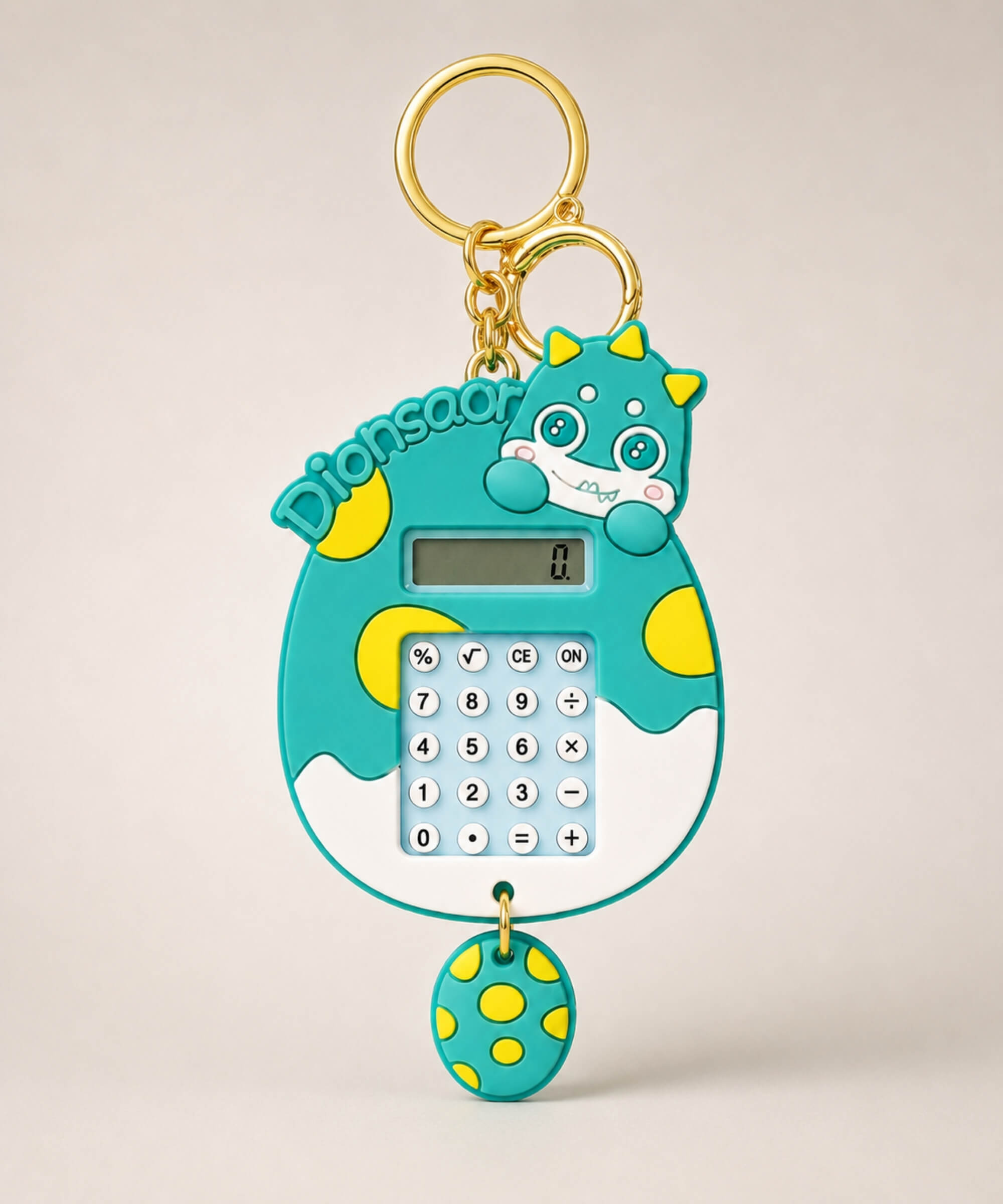 Green dinosaur calculator keychain with mini maze game and egg charm